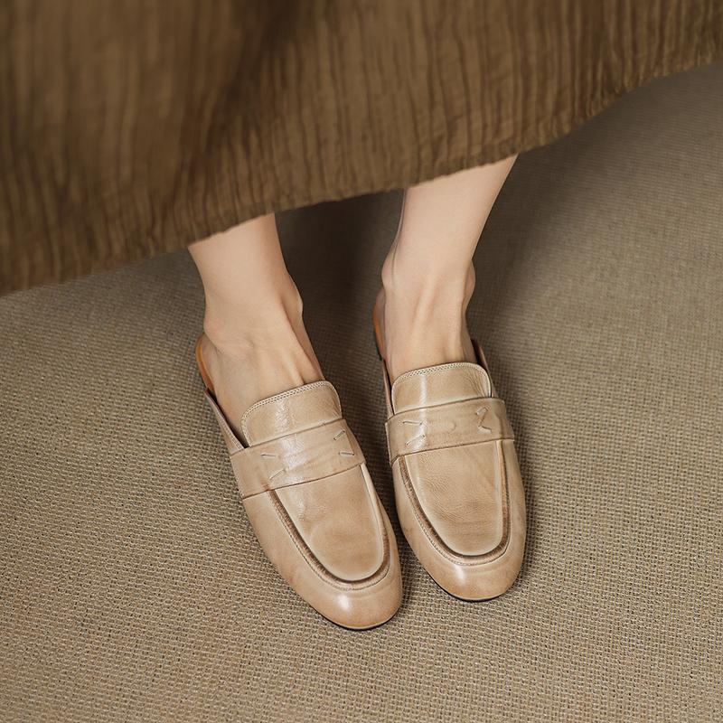 Fashion 2025 Women's New Spring/Summer Retro Round Toe Genuine Leather Sheepskin Headband Comfortable Low Heel Large Muller Slippers