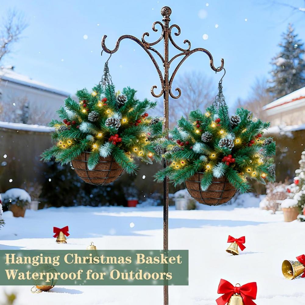 60cm Pre-Lit Christmas Hanging Basket Artificial Greenery With Pine Cones Red Berries Planter With LED Light For Outside Porch
