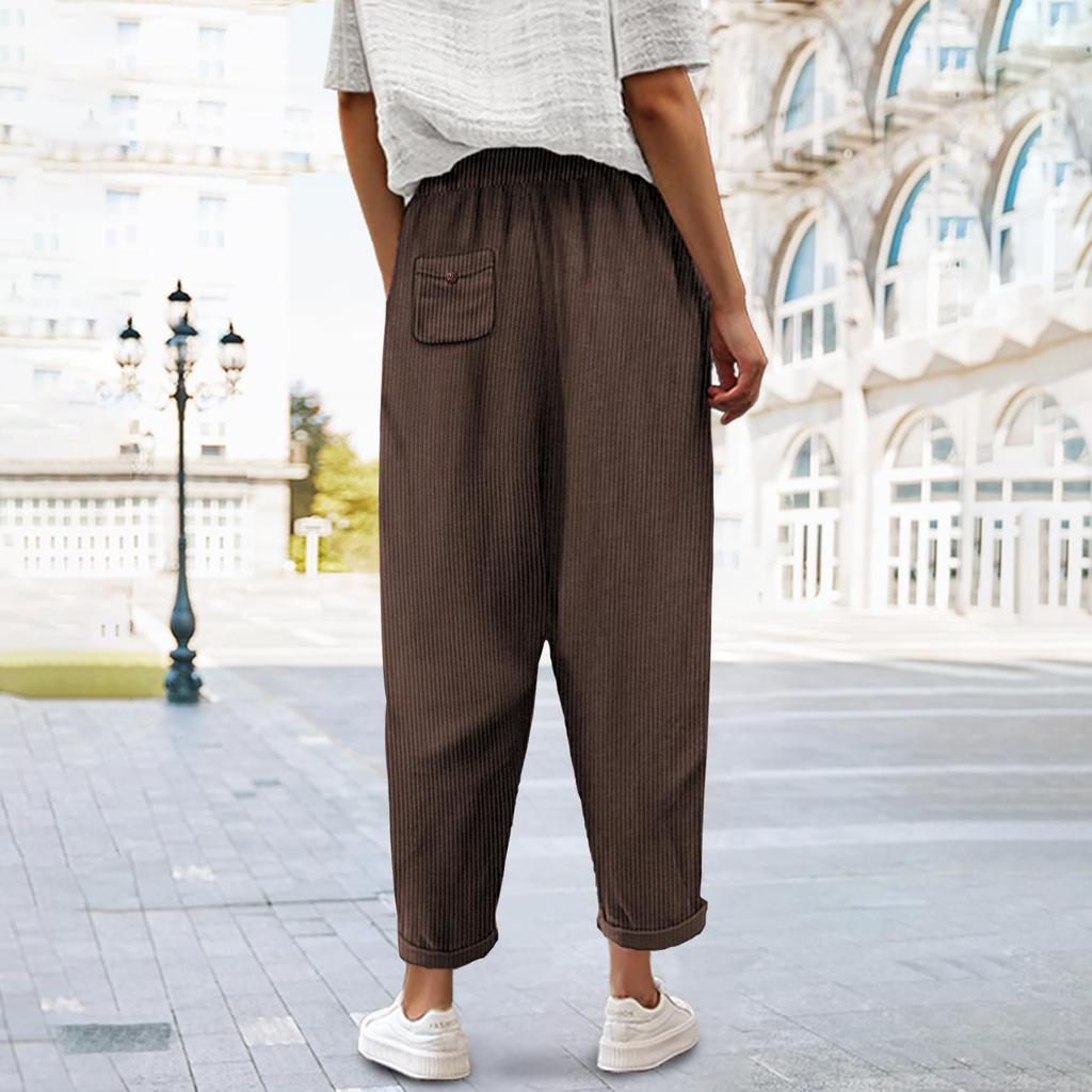 Corduroy Casual Straight Leg Pants for Women Elastic Waist Tapered Trousers with Pockets
