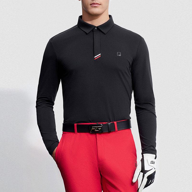 Fila Golf Series Solid Color Golf Knit Long Sleeve Polo Shirt Men Tops Deep-Black A11M345206FBK