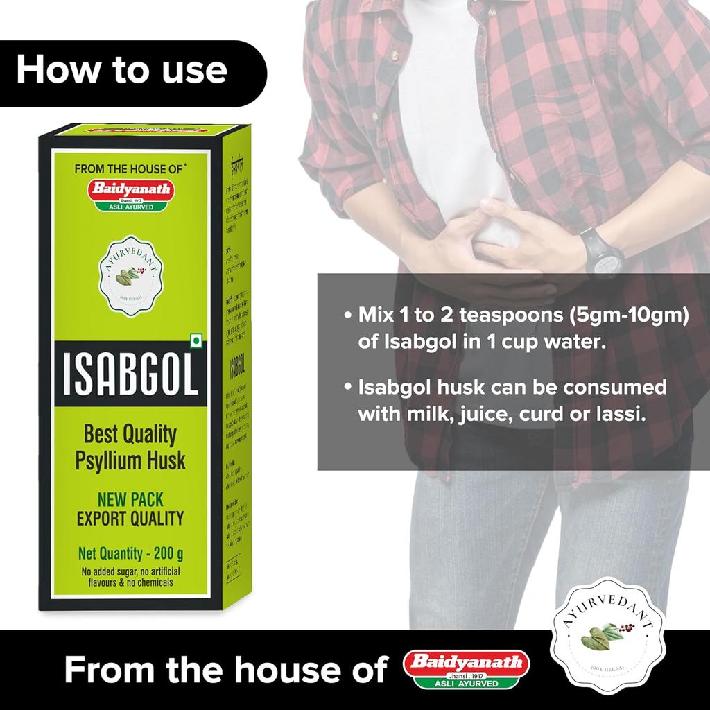 Baidyanath Ayurvedant Isabgol Psyllium Husk Powder 200 Gm Pack of 1 High-Fiber Supplement for Smooth Digestion