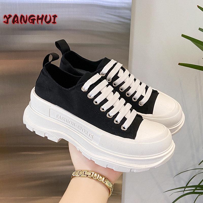 Fashion Casual Thick Soled Couple Shoes Solid Color Lace Up Comfortable Women's Sneakers Anti-skid Wear-resistant Men's Shoes