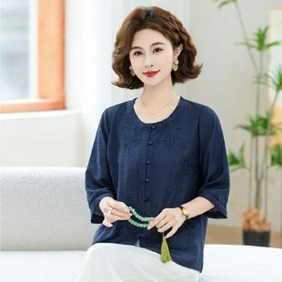 

Mom s Spring & Summer Chic Seven-Sleeve Chiffon Blouse for Middle-Aged & Elderly Women 4XL синий