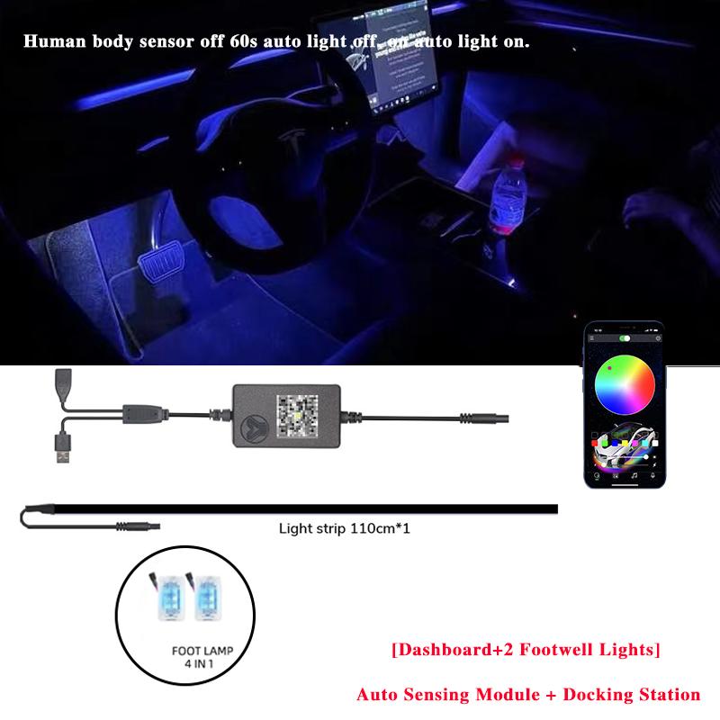 For Tesla Model 3/Y 2 IN 1 Dynamic Neon RGB Car LED Ambient Lighting 60s Automatic OFF Module Dashboard Lighting Decorative Lamp