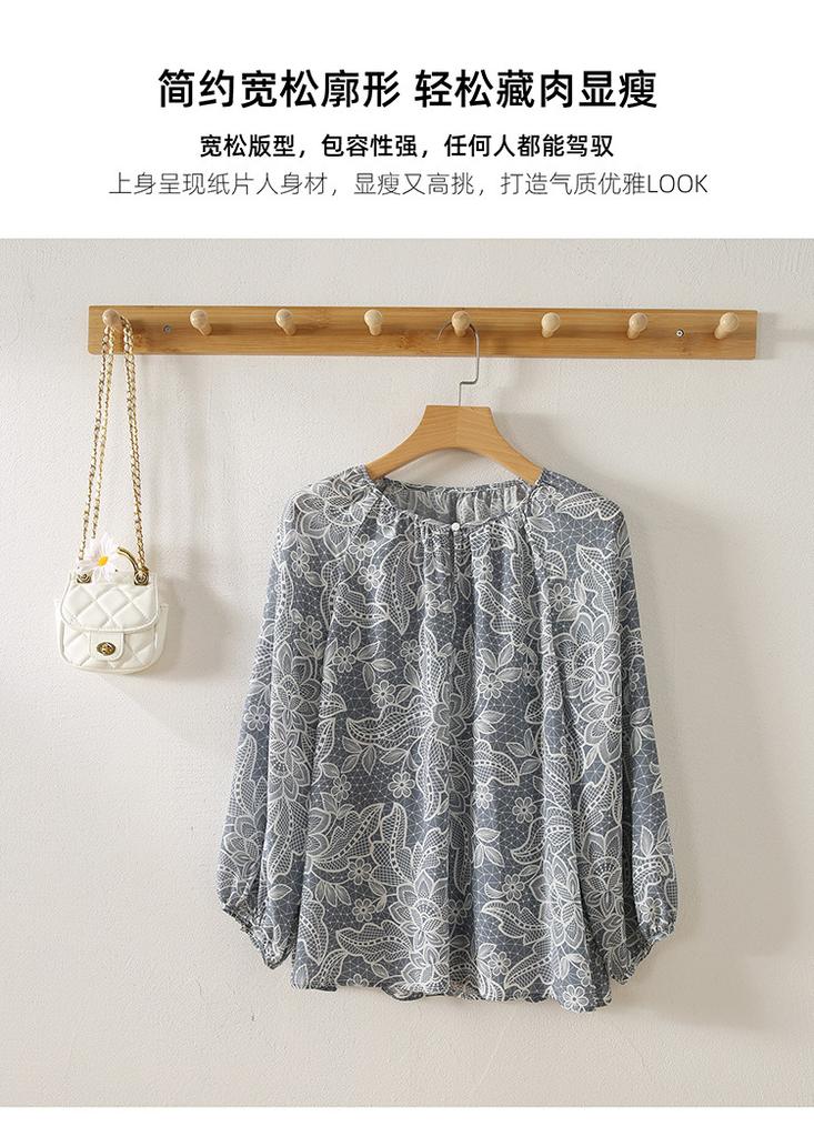 100% mulberry silk printed shirt for women's 2026 spring commuting versatile round neck silk top