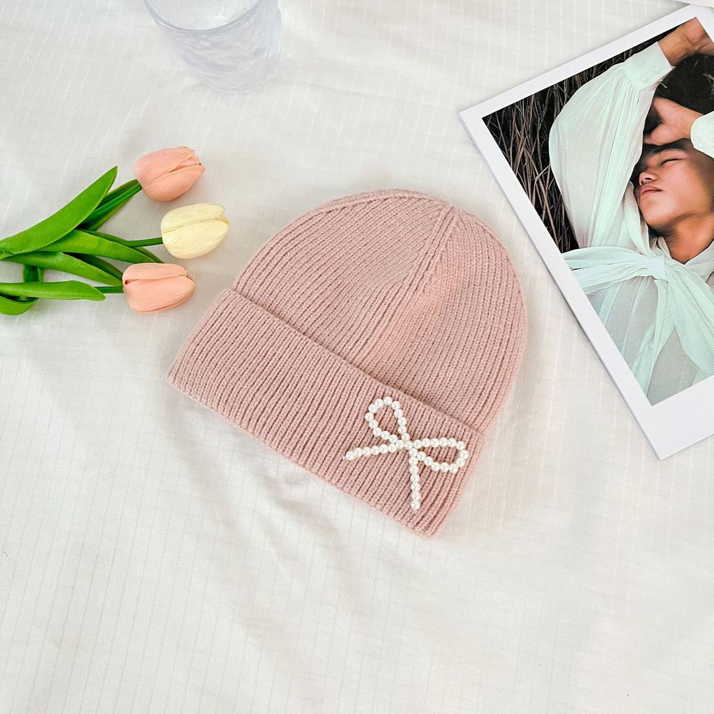 Korean Pearl Bow Wool Hat for Women Plus Velvet Thickened Warm Knitted Hat Letter Labeled Same Style for Men and Women