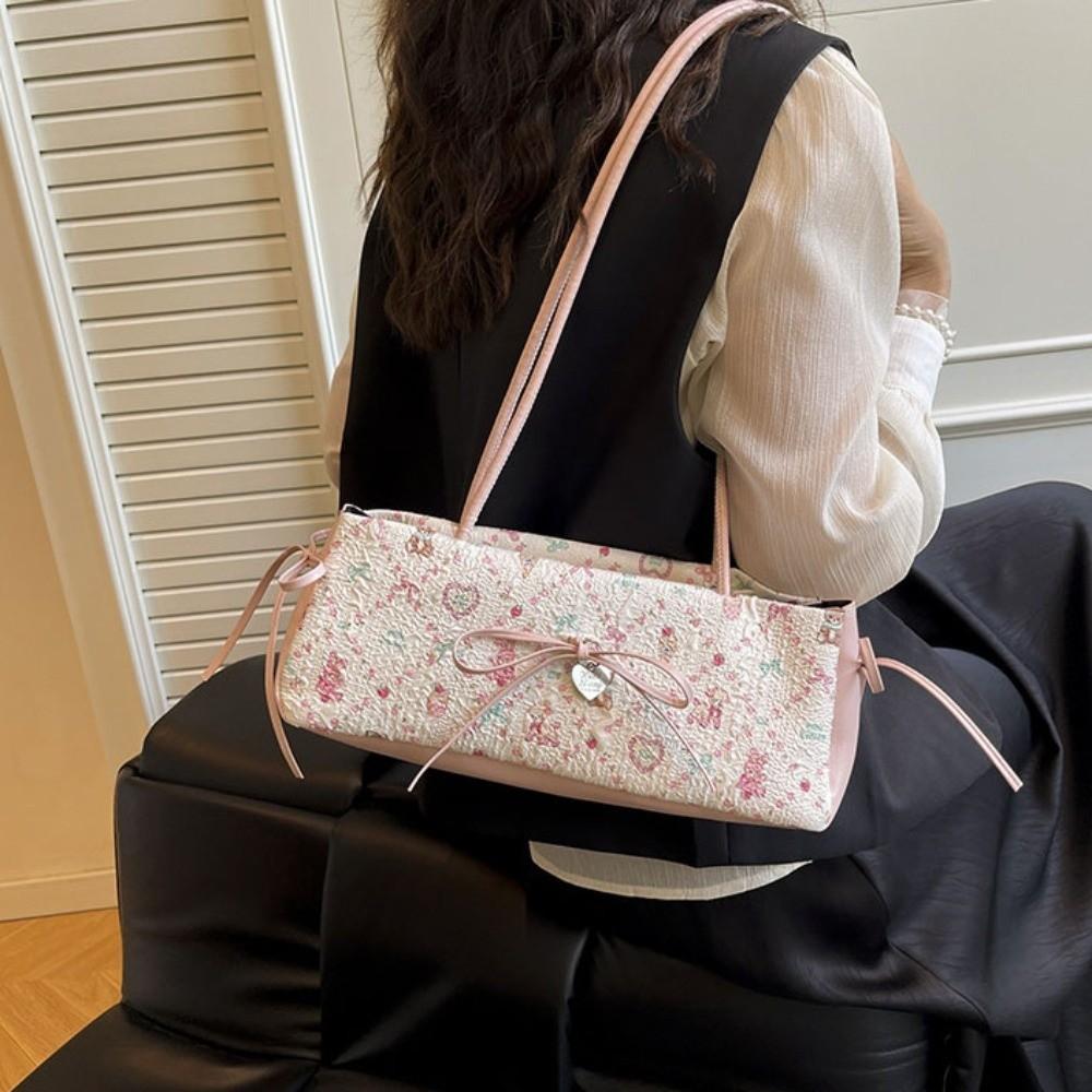 Pleated French Stick Handbag Plaid Cloth Underarm Bags Fashion Bow Shoulder Bag  Daily