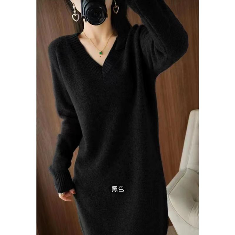Autumn and winter new collar knitted sweater medium and long loose sweater women's pullover thick plus top