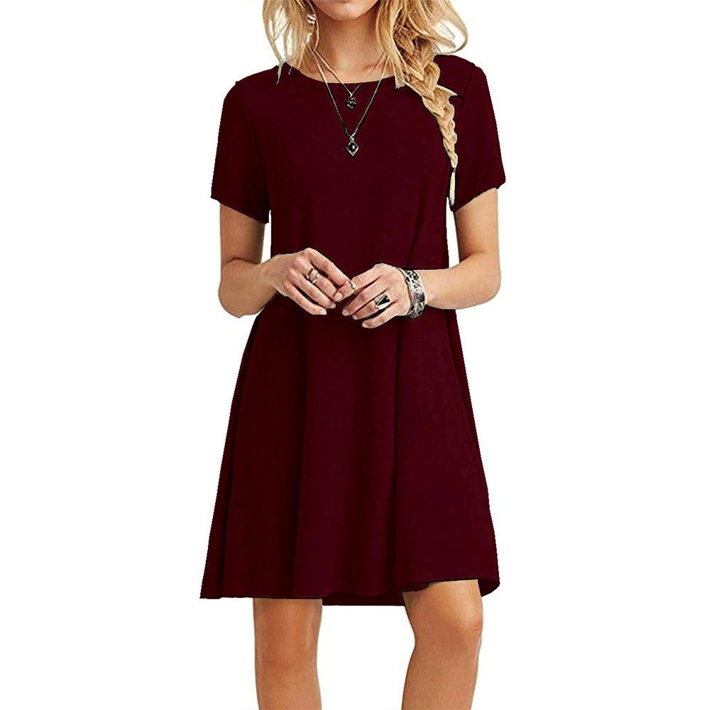 Elegant Short Sleeve Pleated Swing Round Neck Solid Color Loose Dress Women Casual Mini Beach Dress Vestidos