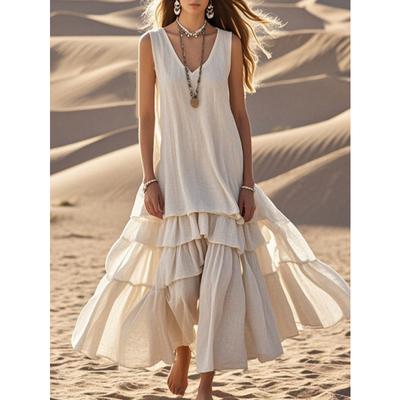 Retro pevné bavlněné lněné skládané dlouhé šaty žena jarní móda V výstřih volné maxi šaty letní bez rukávů tílko boho plážové šaty