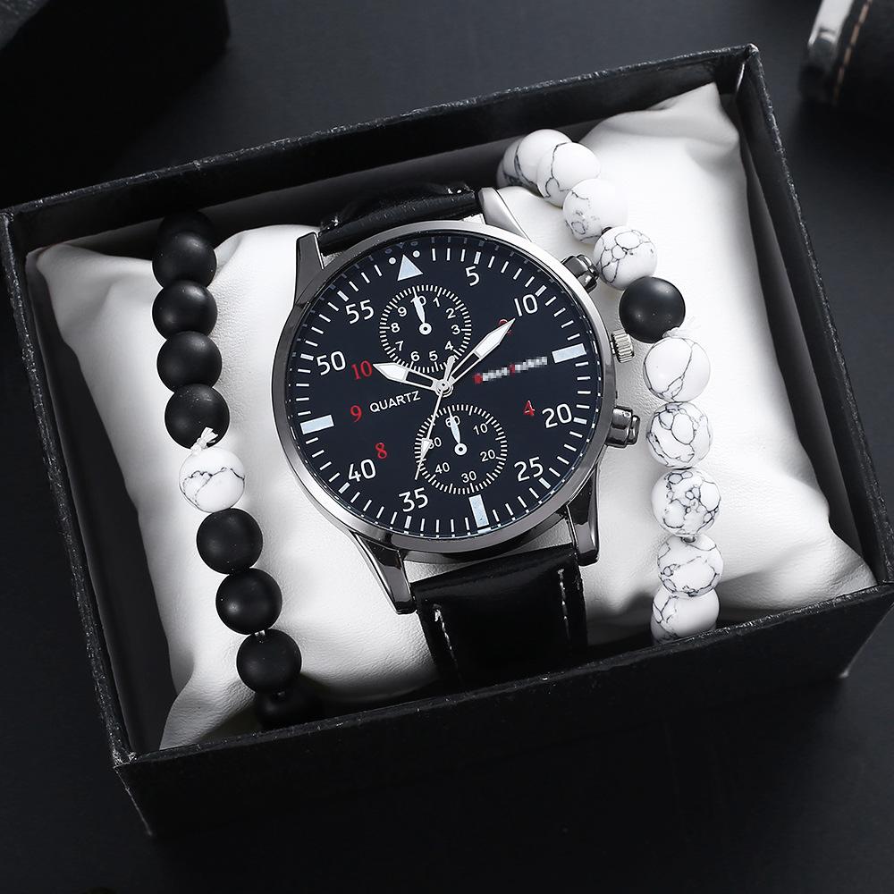 Hot Sale 3 Pcs Set Men s Fashion Watch Leather Quartz Watch With  Bracelet Set fashion чёрный