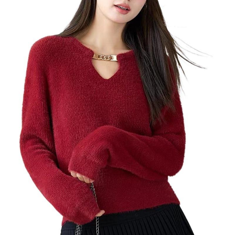 Hollow Out Solid Color Sweater for Women Autumn and Winter Small Fragrance Style Knitted Sweater Top
