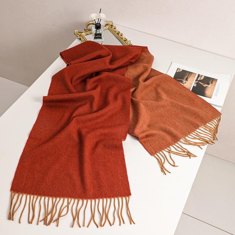 Autumn and winter double-sided two-color 100 wool narrow scarf women's high-end light luxury thermal scarf air conditioner shawl outside