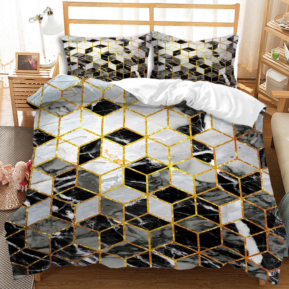 3D Digital Printing Thousand Bird Grid Marble Grid Bed Three-Piece Quilt Cover Sheets