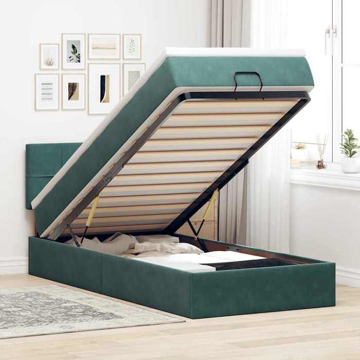 VidaXL Ottoman Bed with Mattress and Dark Green LED 90x200cm Velvet Upholstered Bed 3312599