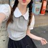 Women's Gray Peter Pan Collar Knit Top – Short-Sleeve, Summer, Fashionable Two-Piece Design