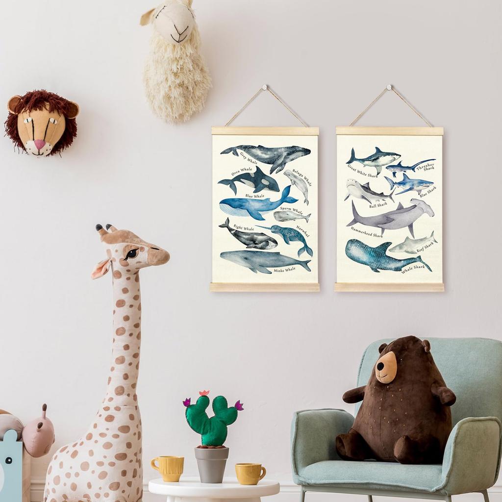 Lehrposter Wale Ozeantierposter für Kinderzimmer Spielzimmer Kinderzimmer Mit niedlichen Tieren Holzaufhängerrahmen