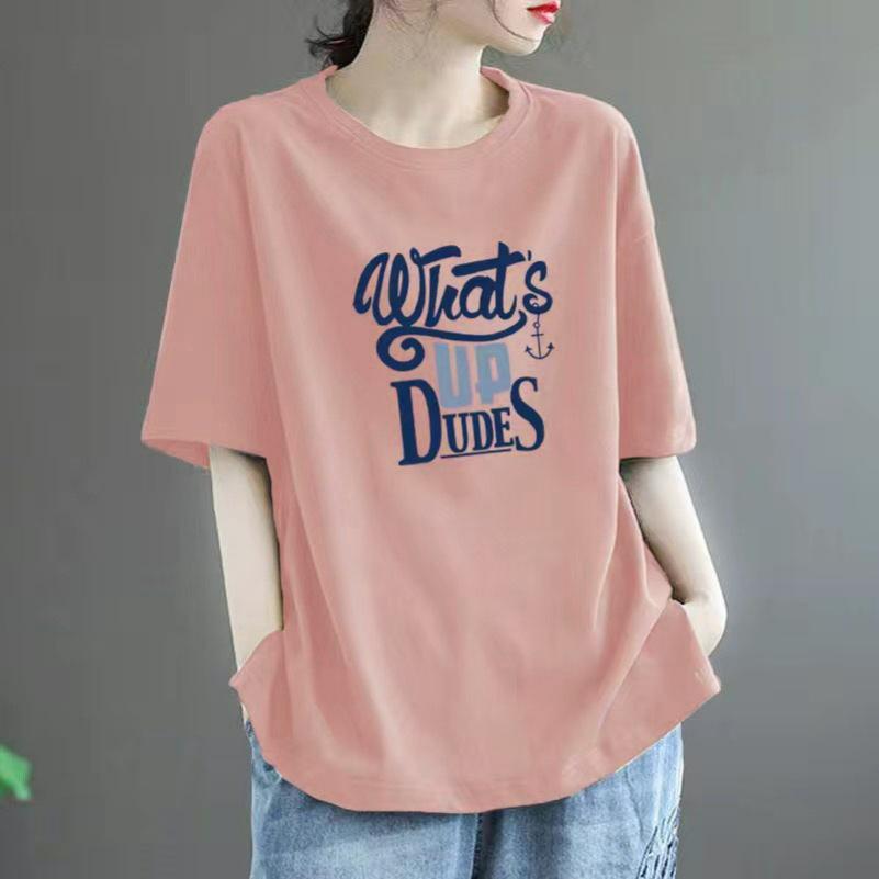 Cotton Short-sleeved T-shirt Women's Summer Loose Large Size All-match Western Casual Printed Top Trend