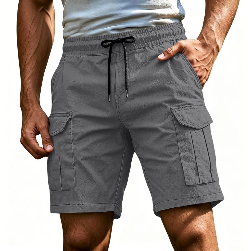 Men's Casual Cargo Shorts Elastic Drawstring Waist Multi-Pocket Summer Quick Dry Workout Solid Color Beach Short Pants