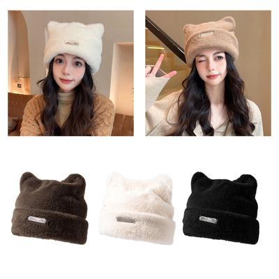 Handmade Plush Cat Ears Hat Womens Pullover Cap Soft Woolen Plush Beanie Cap Cute Beanies Bonnet Gift