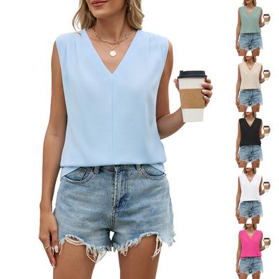 Women's Fashionable Summer Color Shirt Loose V-neck Pleated Sleeveless Vest Top