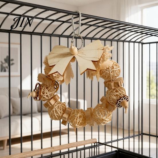 Bird Chew Toy Wooden Bow Ring Parrot Toy, Chewing with Rattan Ball, Natural Wood Hanging for African Grey Cockatoos Macaws, Cage Accessories