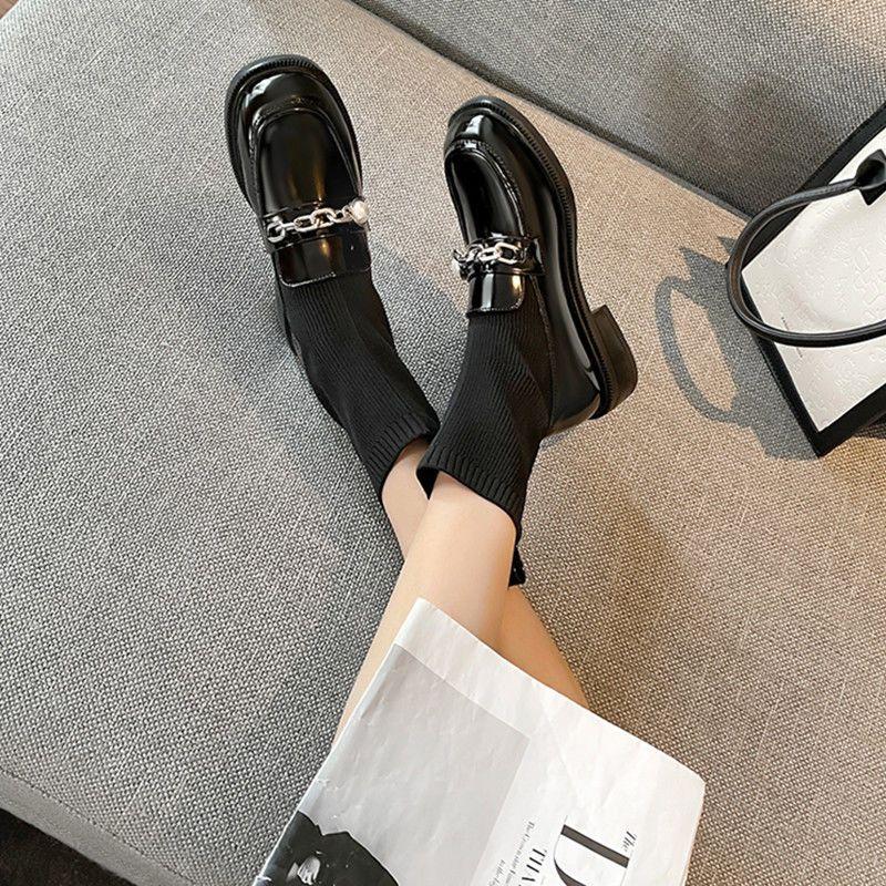 Women's Ankle Boots Round Toe Short Shoes for Woman Lolita Elastic Booties Mary Janes Footwear Black Sock New In Fashion 2024 Pu