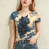 Funny Animal Print T Shirt For Women Summer V-neck Short Sleeve Tee Daily Loose Tops Fashion Samurai Cat Pattern Female Clothing