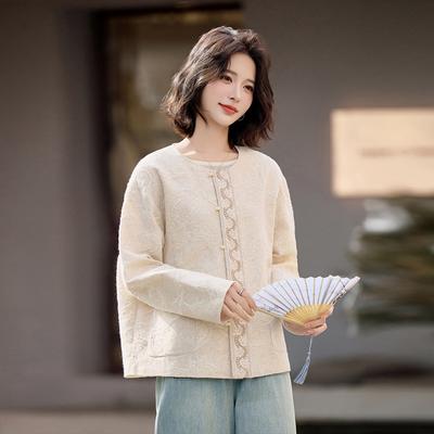 Spring and Autumn New Embroidered Bead Crew Neck Linen Short Jacket Women's Cotton and Linen Loose Top