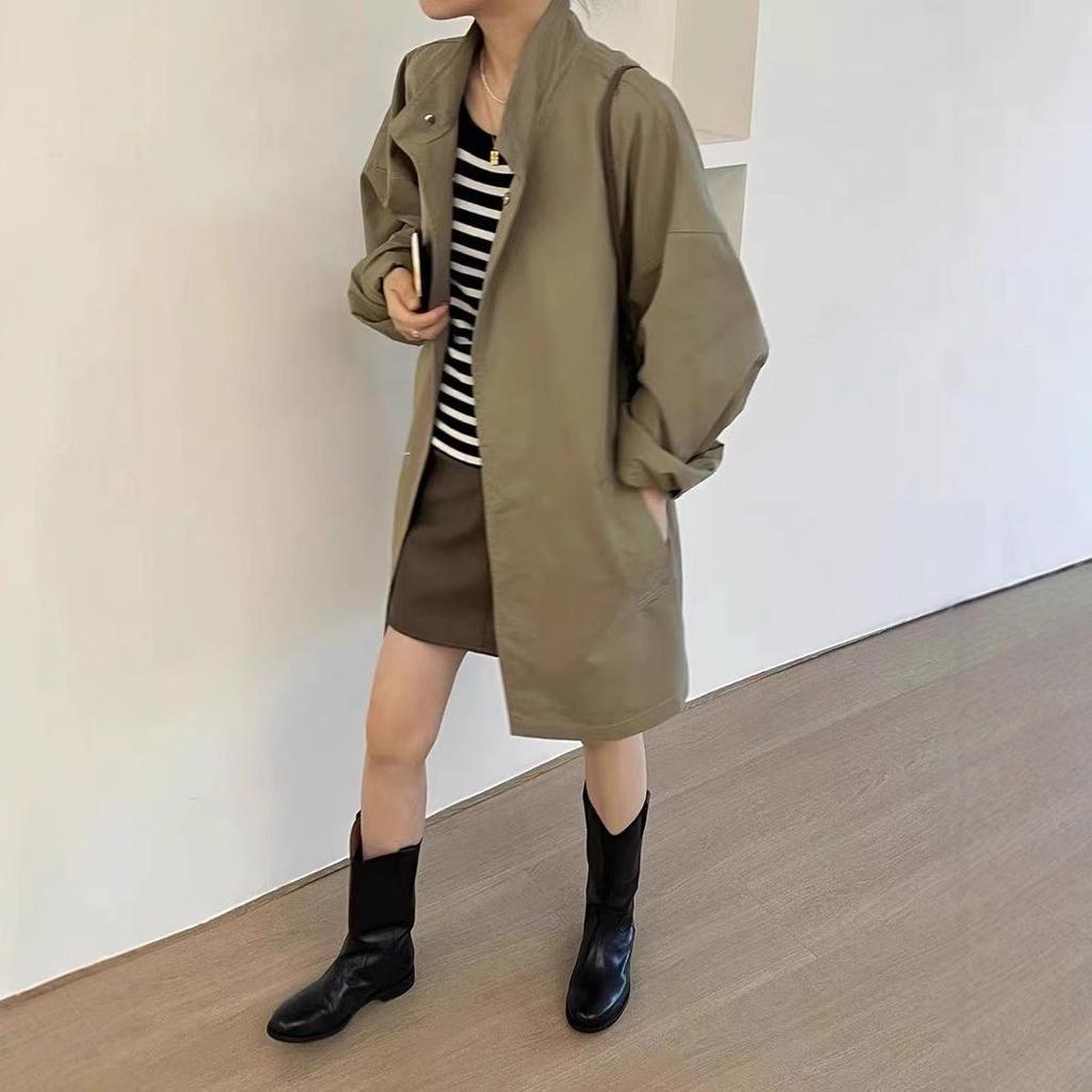 Korean Chic Spring Stand Collar Loose Long Sleeve Casual Trench Coat for Women
