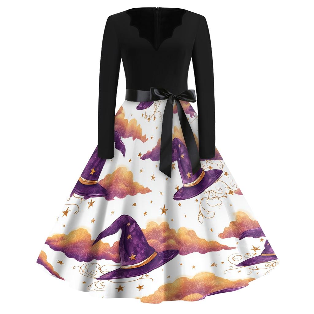 Women's Casual Vintage Halloween Print V Neck Long Sleeve Dress with Waist Tie and Flared Skirt for Everyday Wear