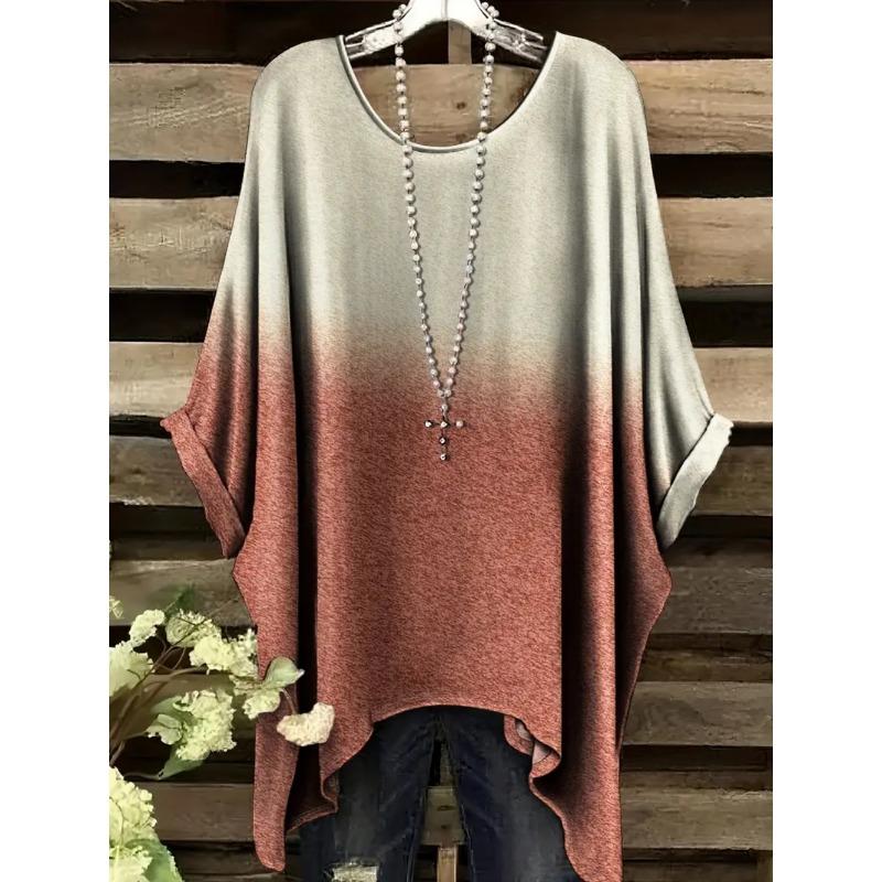 Vintage Women's T-Shirt Color Gradient Print Elegant Asymmetrical Hem O-Neck Short Sleeve Top Casual Fashion Street Outdoor Tops