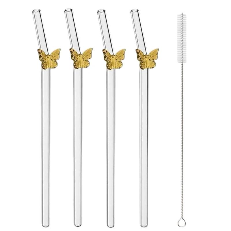 4Pcs Butterfly Straw Pretty Reusable Glass Tube Dishwasher Safety Durable Straws For Smoothie Cocktail Juice Smoothie Drinks