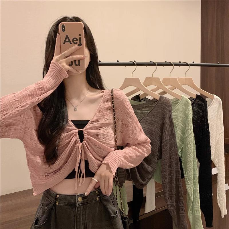 Herbst Neue Feste Farbe Schlanke Strickjacke Frau Süße Damen Aushöhlen Strickjacke Rosa Weiß Grün Schwarz Strickjacke Frauen