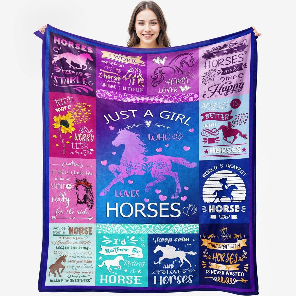 Girls Horse Blanket Beautiful Animal Horse with Wreath Throw Blanket, Ultra Soft Warm Sofa Bedding Living Room Flannel Blankets