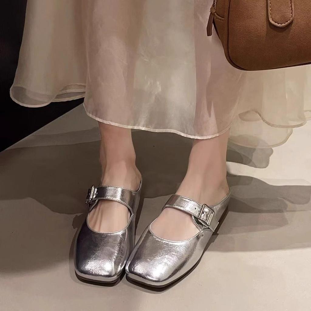 Temperament Square Head Mary Jane Shoes Women's Autumn 2025 New Light Mouth Bag Head Half Slippers Low Heel French Flat Bottom Half Tray