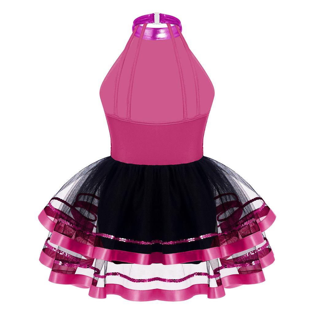 Dívčí bezešvé tylové taneční šaty s průhlednou síťovinou, vykrojená záda, ramínka, zdobené třpytivými flitry, oblečení na vystoupení