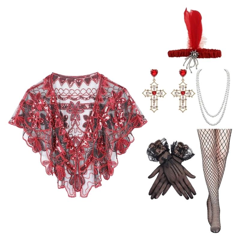 1920s Flapper Costume Set for Women with Sequined Shawl and Pearls Necklace Accessories for Gatsby Parties