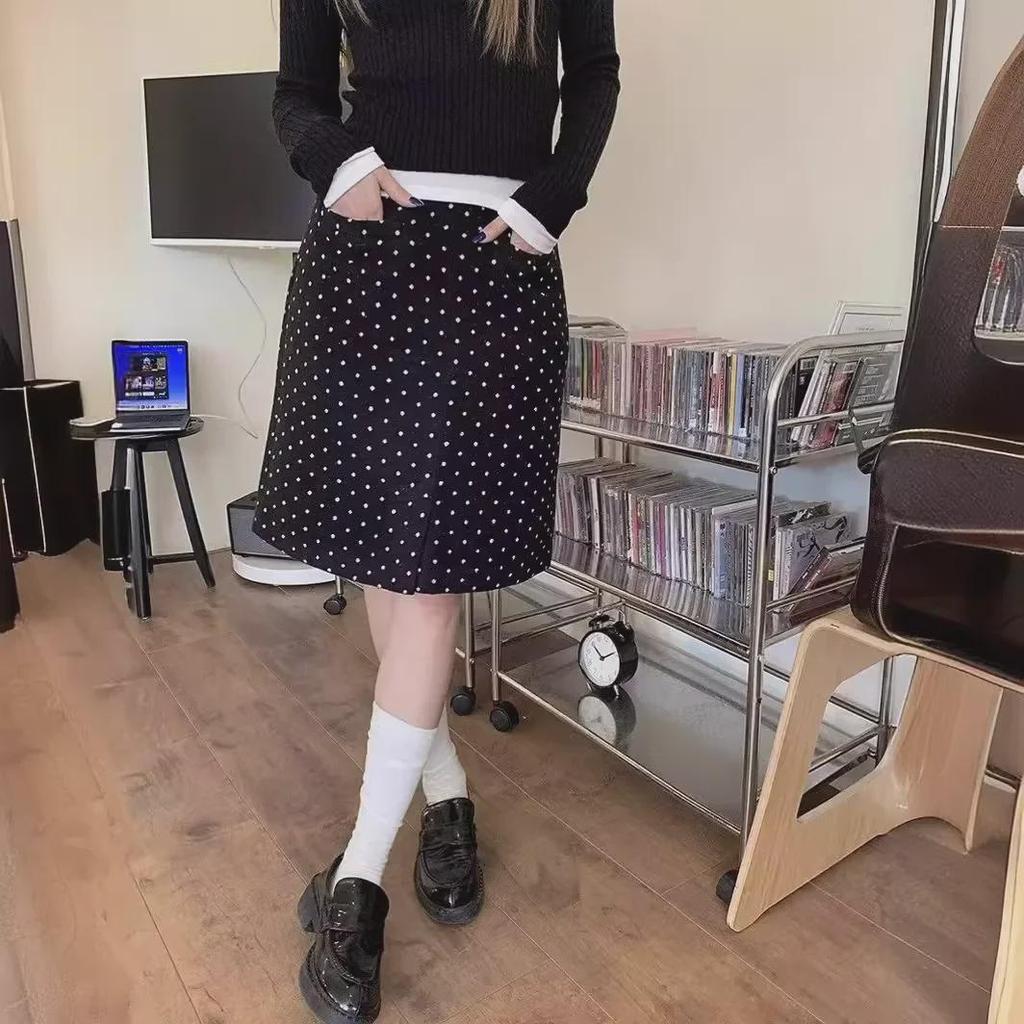 Women's Retro Polka Dot Split A-Line Skirt - Slim High Waist Summer Design (Small Size)