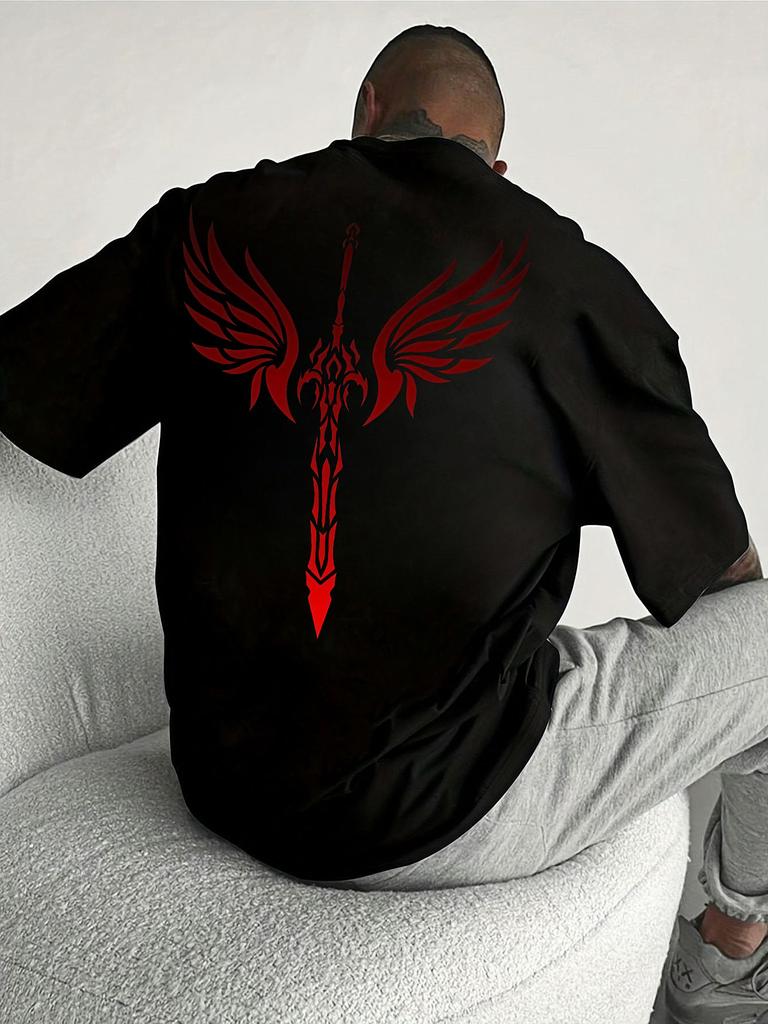 Mens Short Sleeved Tshirt Made of Pure Cotton with Sword Pattern Fashionable and Casual Round Neck Top for Spring and Summer