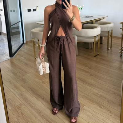  European and  Women's Clothing New Fashion Temperament Cross-hanging Neck Halter Top High Waist Straight Pants Set