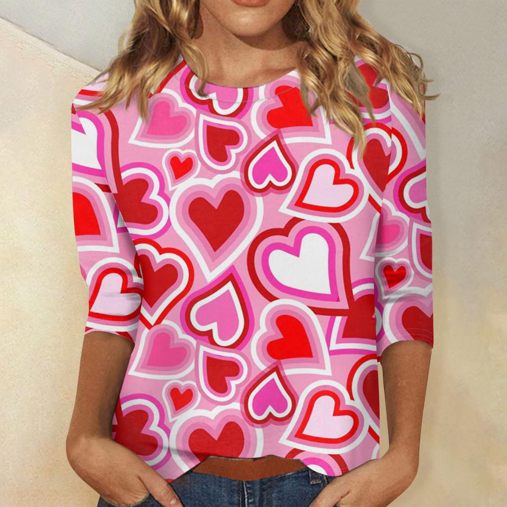 Damen Valentinstag Print Mode Lässig 3/4 Ärmel Rundhals Oberteil