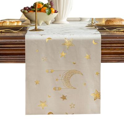 Chemin de table Ramadan Lanterne Dorée Lune Blanche Étoile Polyester Nappe Eid Mubarak Décoration de Table de Salle à Manger Eid Al Fitr