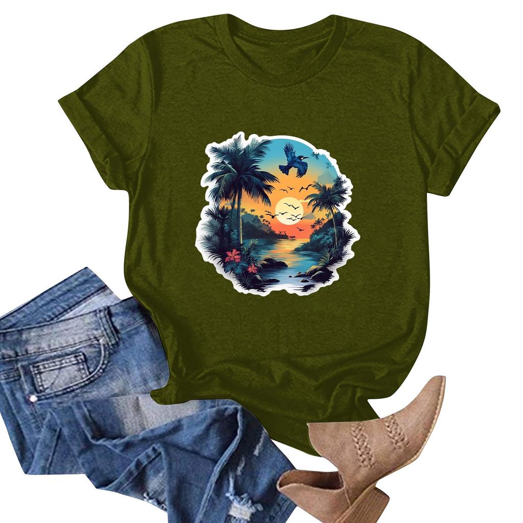 Damenmode Lässiges T-Shirt mit Hawaii-Print, kurzärmelig, kurzärmelig