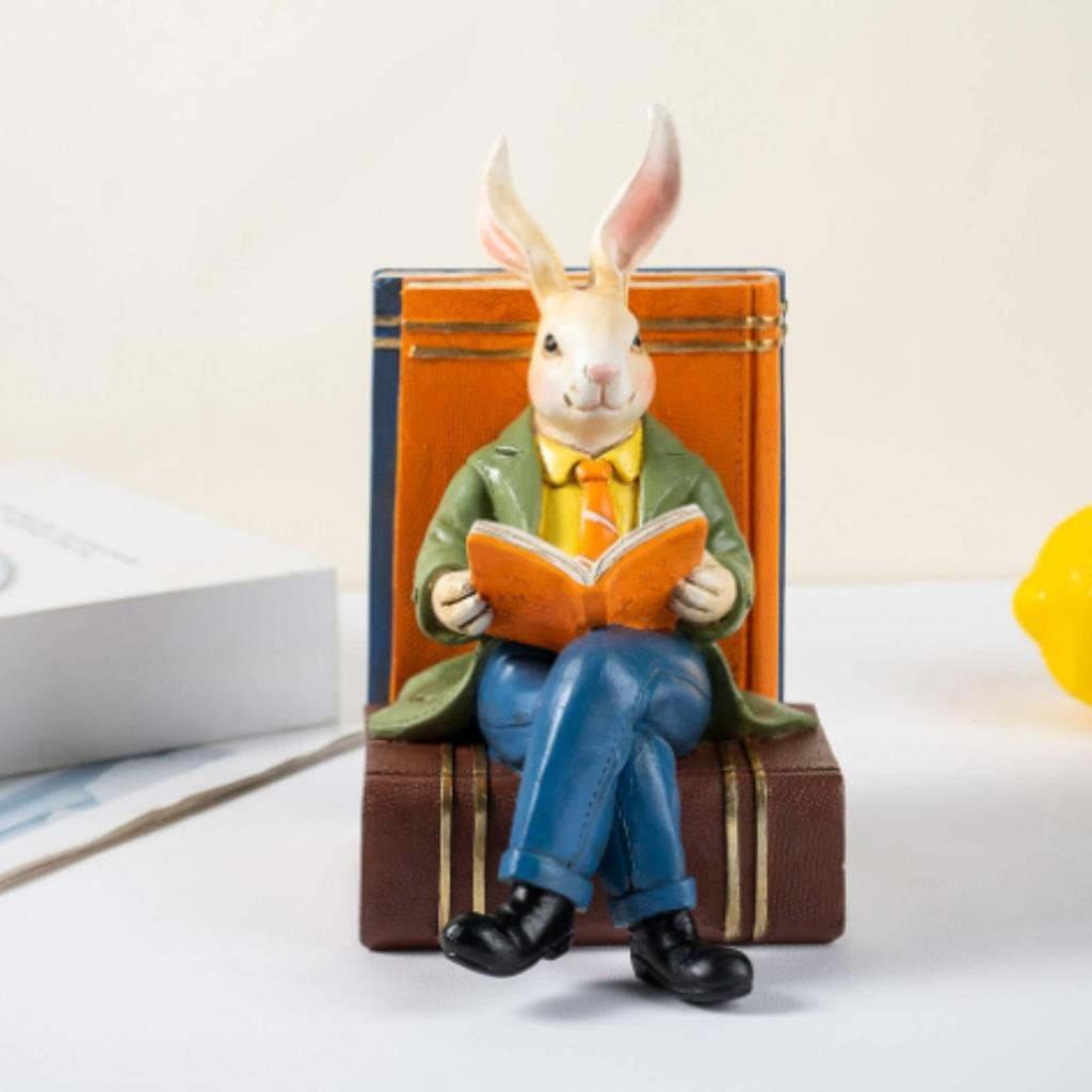 Rabbit Figurine with Books Whimsical Decor Gold for Reading Nook, Avid Readers