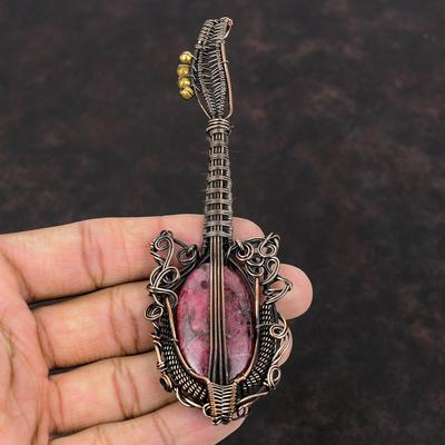 Rhodonite Copper Pendant Gemstone Wire Wrapped Pendant Guitar Pendant Copper Jewelry Handmade Wrapped Pendant Rhodonite Jewelry Gift For Him