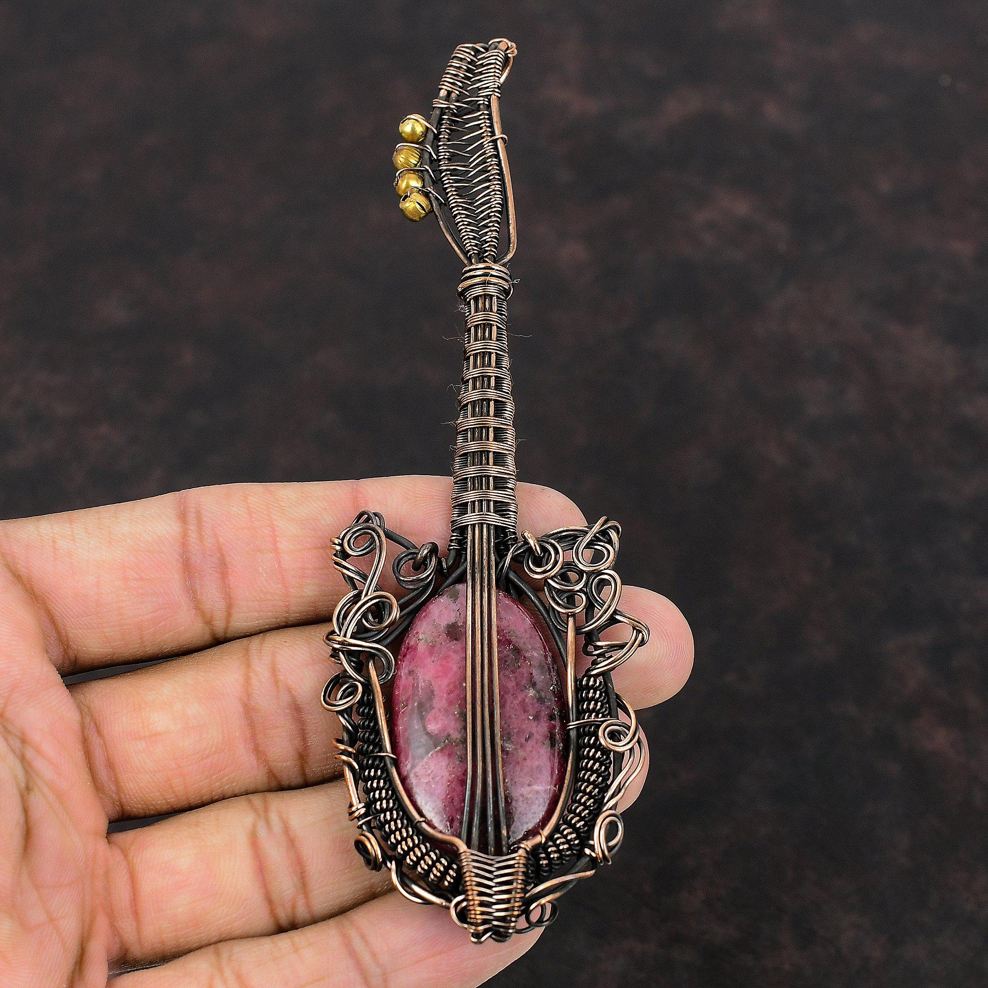 

Rhodonite Copper Pendant Gemstone Wire Wrapped Pendant Guitar Pendant Copper Jewelry Handmade Wrapped Pendant Rhodonite Jewelry Gift For Him