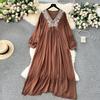 EWQ Ricamo Scollo A V Puff Manica Lunga Vita Alta Una Linea Abiti Dolce Stile Vestito da Donna Inverno Primavera 2024 Nuovo 27SN5332