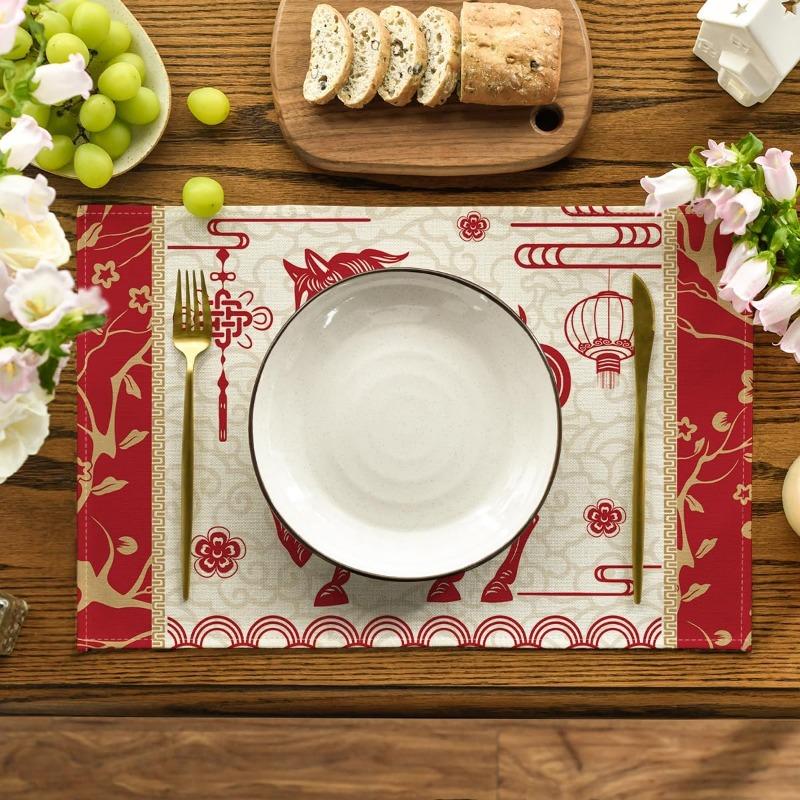 Animal Horse Print Linen Placemats Dishes Anti-slip Mat Paper-cut Style Home Desktop Decoration Suitable for New Year Party