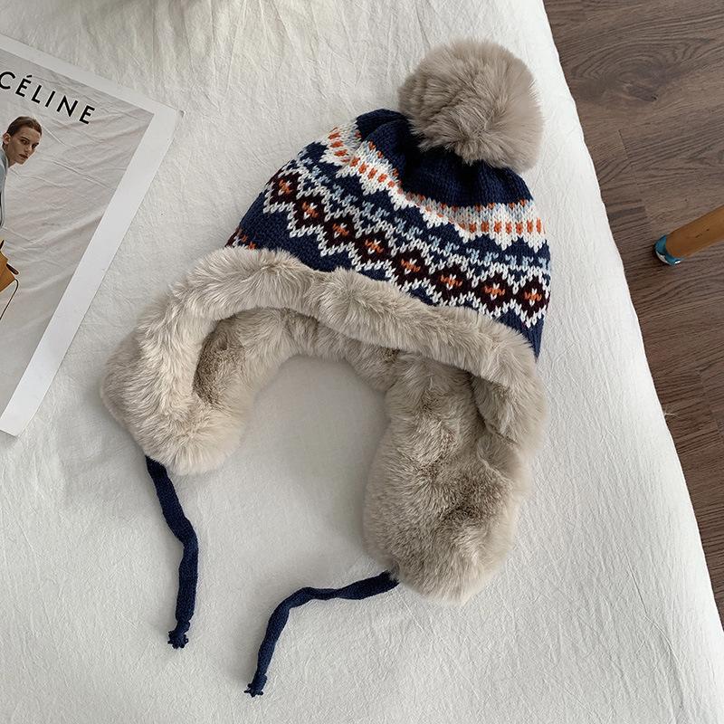 Japanese Ethnic Wind Wool Hat Women'S Autumn And Winter Lei Feng Hat Travel Skiing Ear Protection Knitted Hat Plush Thickened Warm